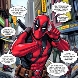 A dynamic and vibrant image of Deadpool, the iconic comic book antihero, in his signature red and black costume, humorously posing with a mischievous grin