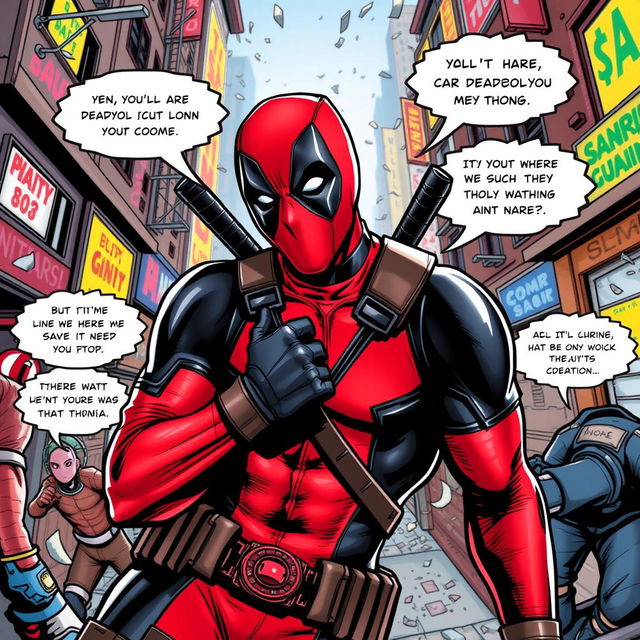 A dynamic and vibrant image of Deadpool, the iconic comic book antihero, in his signature red and black costume, humorously posing with a mischievous grin