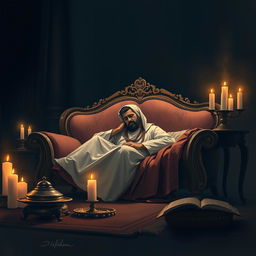 A somber and respectful illustration representing the suffering of the Prophet Muhammad due to poisoning, emphasizing themes of resilience and faith