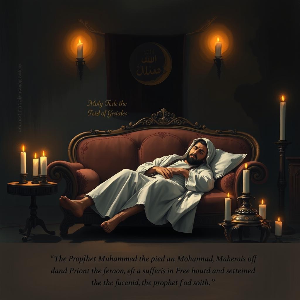 A somber and respectful illustration representing the suffering of the Prophet Muhammad due to poisoning, emphasizing themes of resilience and faith