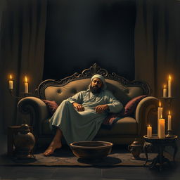 A somber and respectful illustration representing the suffering of the Prophet Muhammad due to poisoning, emphasizing themes of resilience and faith