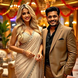 A glamorous blonde woman wearing an elegant lacy saree paired with a stylish bikini blouse that accentuates her big cleavage and navel