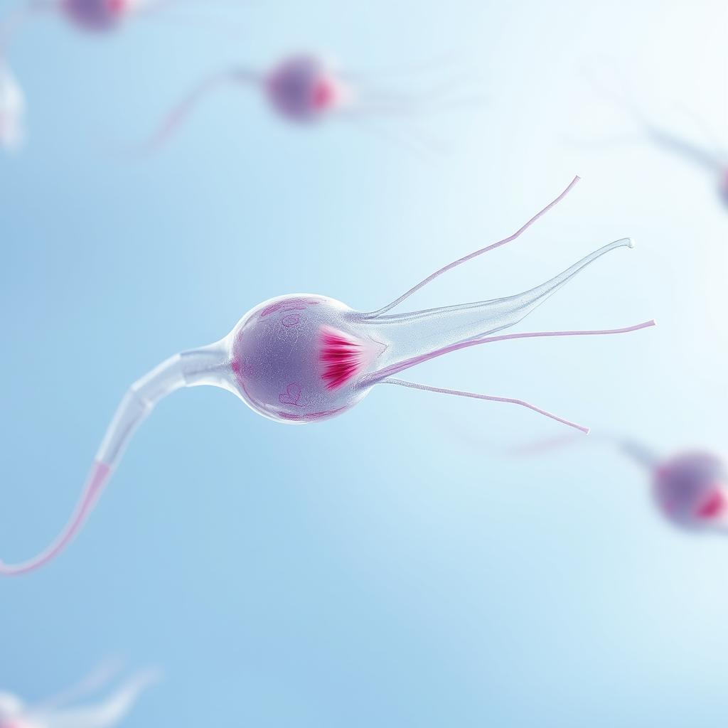 A close-up view of the microscopic structure of sperm cells, showcasing their unique shapes and flagella in a vibrant biological context