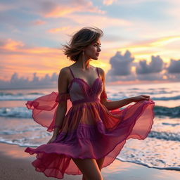 A stylish woman wearing a coquette dress, standing on a picturesque beach during sunset
