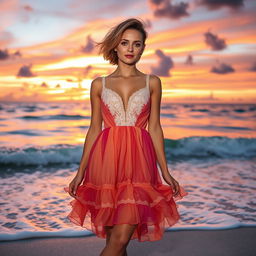 A stylish woman wearing a coquette dress, standing on a picturesque beach during sunset