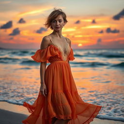 A stylish woman wearing a coquette dress, standing on a picturesque beach during sunset