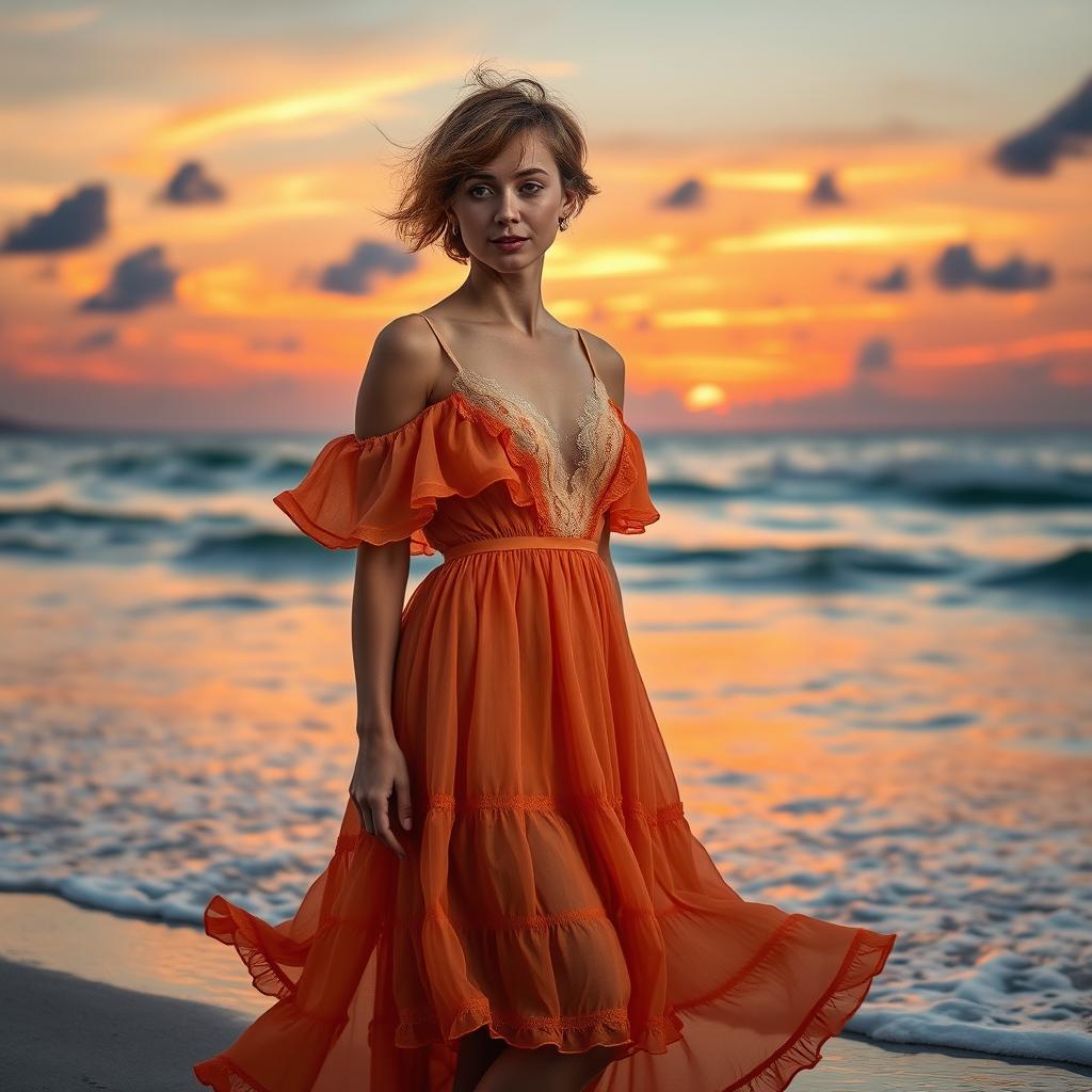 A stylish woman wearing a coquette dress, standing on a picturesque beach during sunset