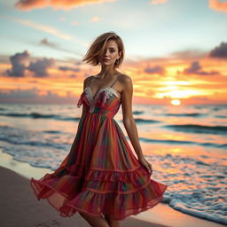 A stylish woman wearing a coquette dress, standing on a picturesque beach during sunset