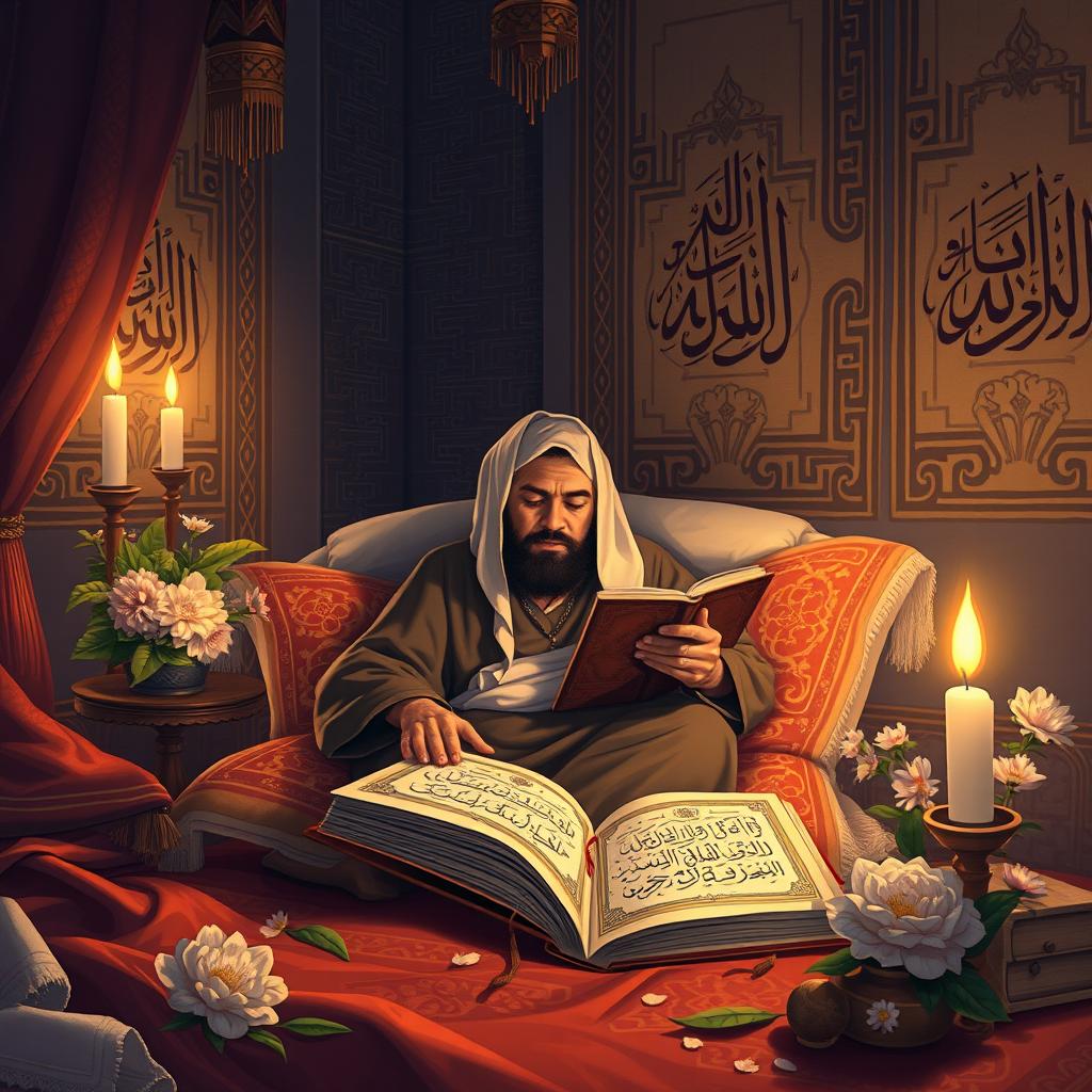 An evocative and respectful illustration depicting the suffering of the Prophet Muhammad as a result of poisoning, focusing on themes of resilience and faith amidst adversity
