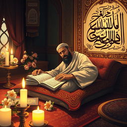 An evocative and respectful illustration depicting the suffering of the Prophet Muhammad as a result of poisoning, focusing on themes of resilience and faith amidst adversity