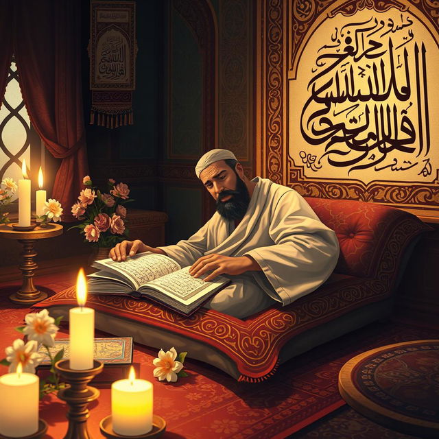 An evocative and respectful illustration depicting the suffering of the Prophet Muhammad as a result of poisoning, focusing on themes of resilience and faith amidst adversity