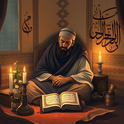 An evocative and respectful illustration depicting the suffering of the Prophet Muhammad as a result of poisoning, focusing on themes of resilience and faith amidst adversity