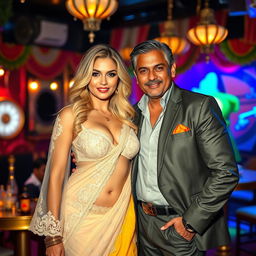 A busty blonde woman exuding confidence in a stunning lacy saree paired with a chic bikini blouse that highlights her big cleavage and navel