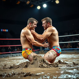 Two young adult male wrestlers, both in colorful speedo swimming trunks, grappling with each other in a muddy wrestling ring