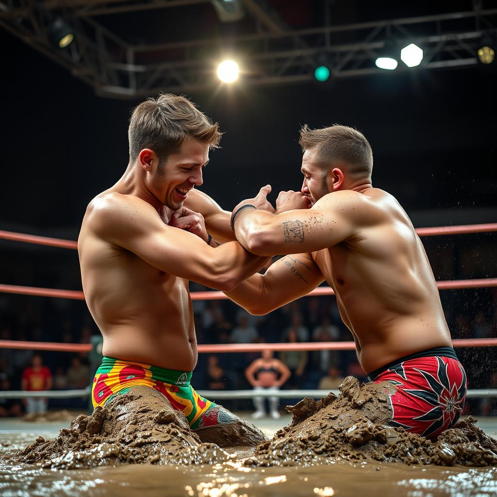 Two young adult male wrestlers, both in colorful speedo swimming trunks, grappling with each other in a muddy wrestling ring