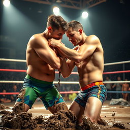 Two young adult male wrestlers, both in colorful speedo swimming trunks, grappling with each other in a muddy wrestling ring