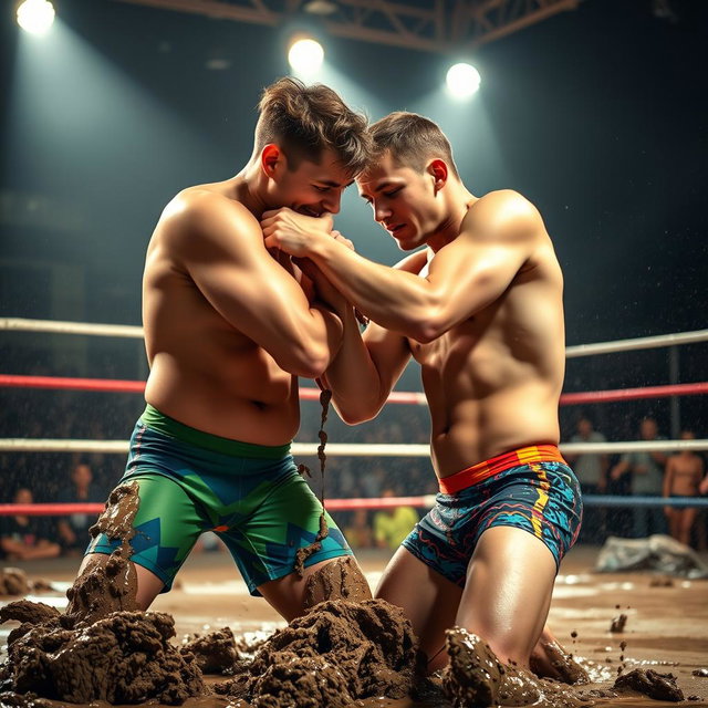 Two young adult male wrestlers, both in colorful speedo swimming trunks, grappling with each other in a muddy wrestling ring
