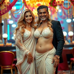 A busty blonde woman radiating confidence in a stunning lacy saree paired with a fashionable bikini blouse that showcases her ample cleavage and an enticing deep navel