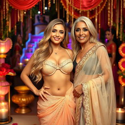 A busty blonde woman radiating confidence in a stunning lacy saree paired with a fashionable bikini blouse that showcases her ample cleavage and an enticing deep navel