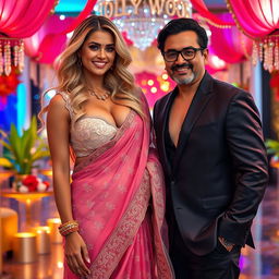 A busty blonde woman radiating confidence in a stunning lacy saree paired with a fashionable bikini blouse that showcases her ample cleavage and an enticing deep navel