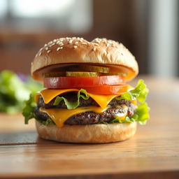 A realistic heart-shaped burger, placed on a wooden table with close-up details
