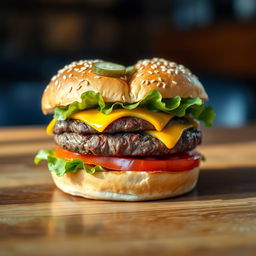 A realistic heart-shaped burger, placed on a wooden table with close-up details
