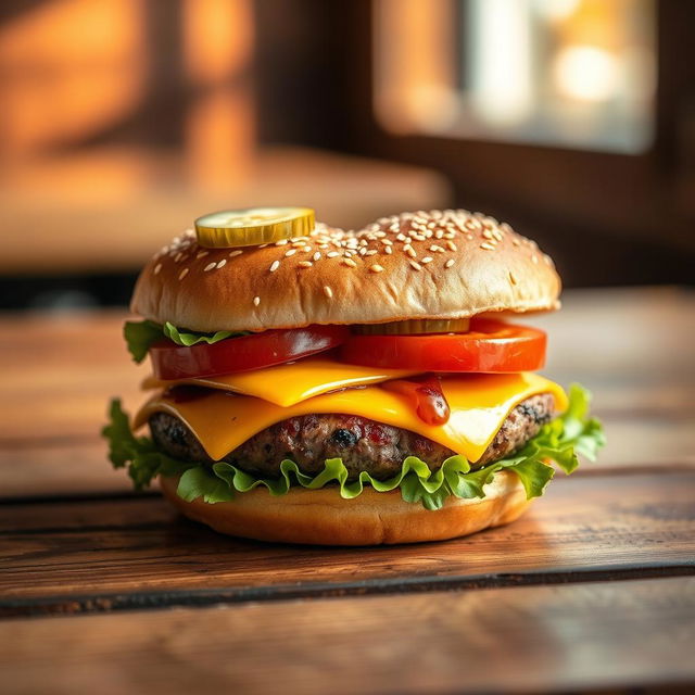 A realistic heart-shaped burger, placed on a wooden table with close-up details