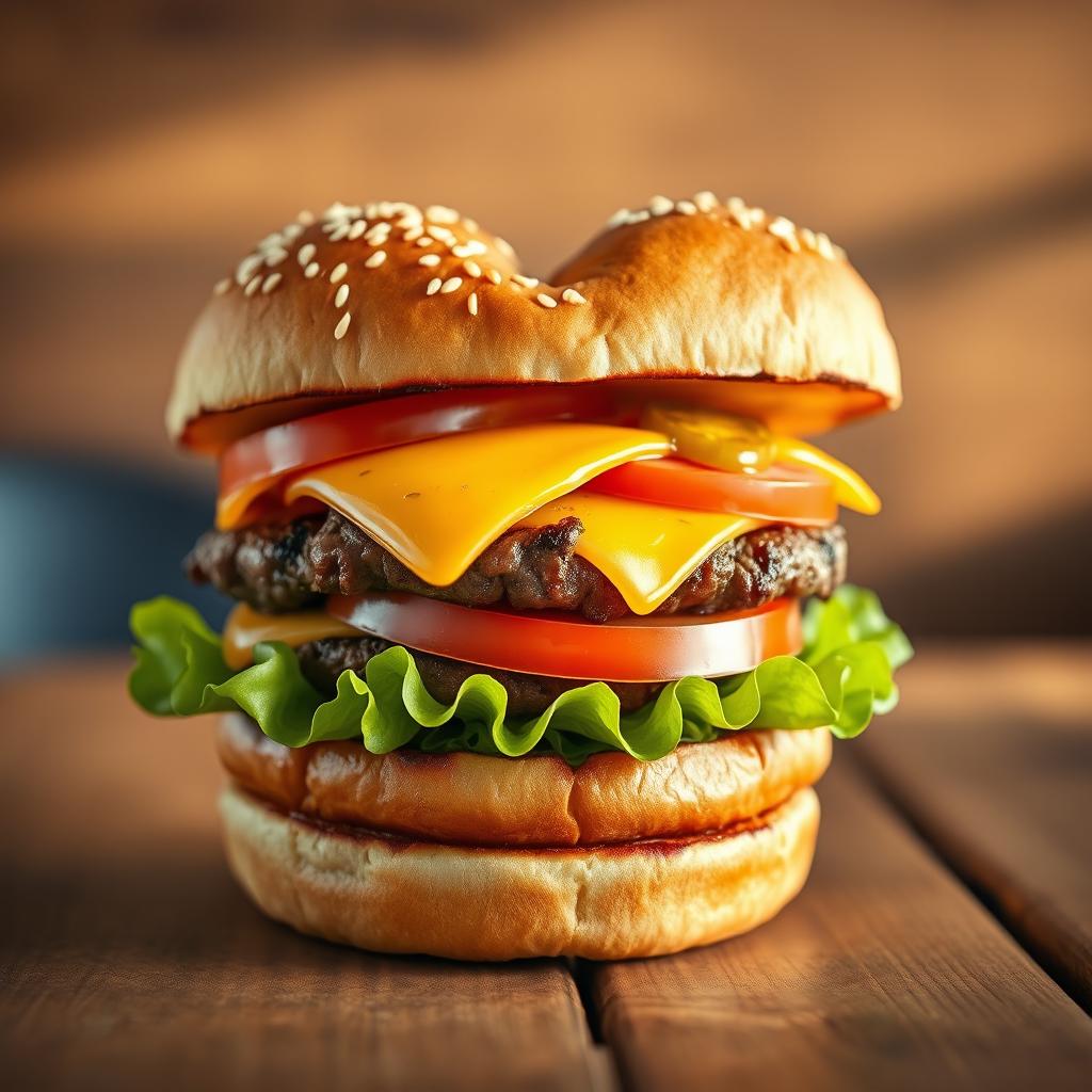 A realistic heart-shaped burger, placed on a wooden table with close-up details