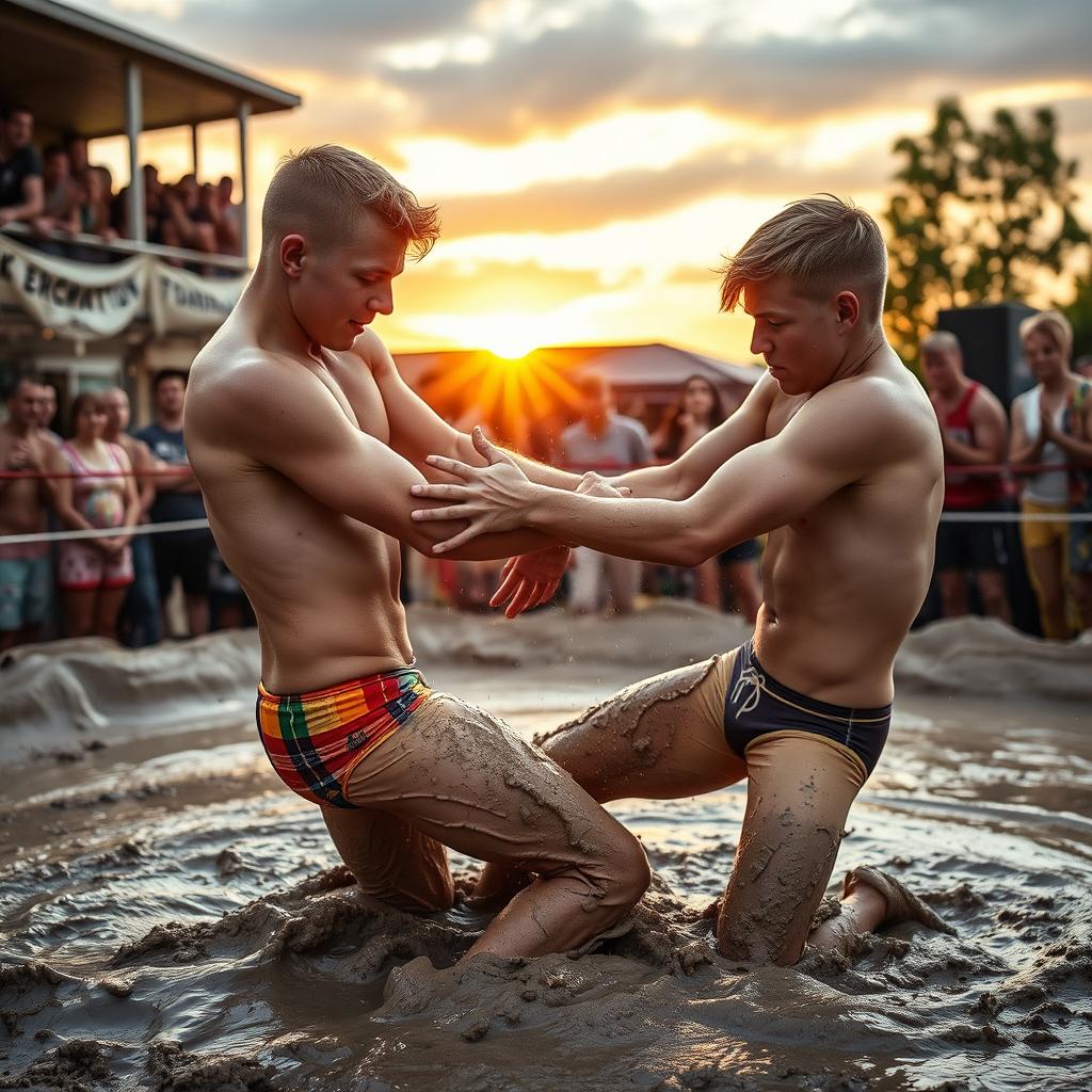 Two young male wrestlers, aged 18 and 19, both clean-shaven, engaged in an intense wrestling match in a muddy ring