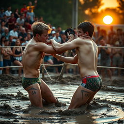 Two young male wrestlers, aged 18 and 19, both clean-shaven, engaged in an intense wrestling match in a muddy ring