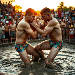 Two young male wrestlers, aged 18 and 19, both clean-shaven, engaged in an intense wrestling match in a muddy ring