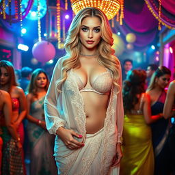 A busty blonde woman standing confidently in a stunning lacy saree combined with a fashionable bikini blouse that highlights her big cleavage and deep navel