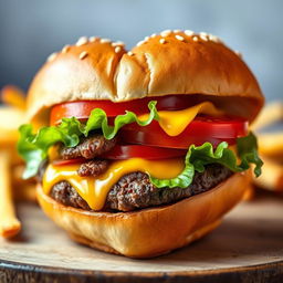 A close-up image of a realistic heart-shaped burger, featuring a juicy beef patty topped with melted cheese, crisp lettuce, ripe tomatoes, and special sauce, inside a soft, toasted bun
