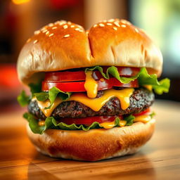 A close-up image of a realistic heart-shaped burger, featuring a juicy beef patty topped with melted cheese, crisp lettuce, ripe tomatoes, and special sauce, inside a soft, toasted bun