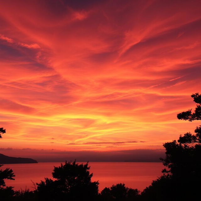 A breathtaking sunset scene over a tranquil lake, with the sky filled with vibrant hues of orange, pink, and purple, reflecting beautifully on the water's surface