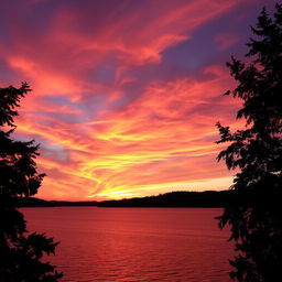 A breathtaking sunset scene over a tranquil lake, with the sky filled with vibrant hues of orange, pink, and purple, reflecting beautifully on the water's surface