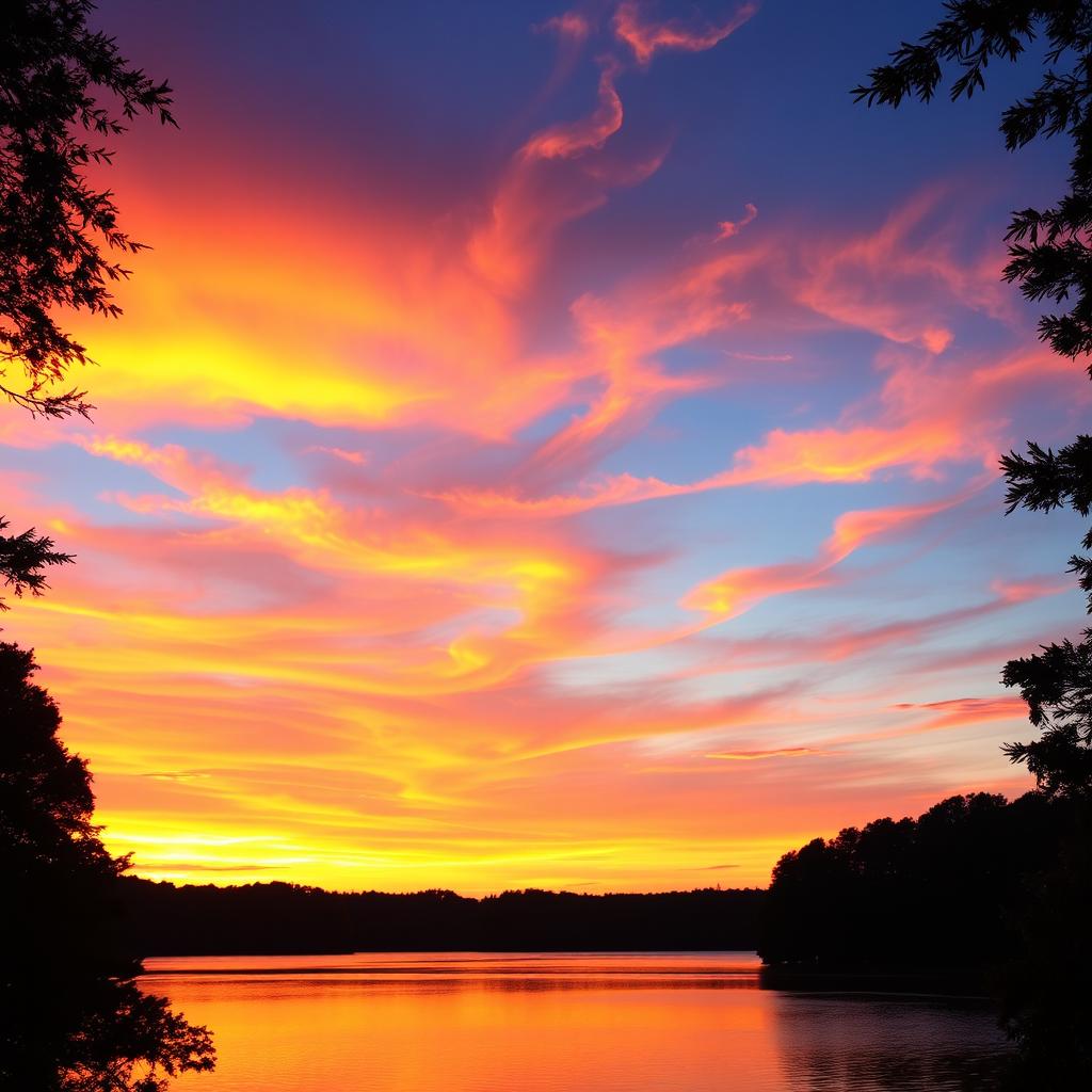 A breathtaking sunset scene over a tranquil lake, with the sky filled with vibrant hues of orange, pink, and purple, reflecting beautifully on the water's surface
