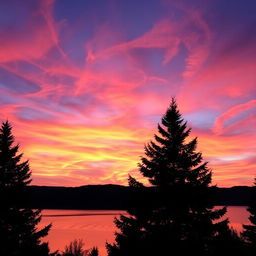 A breathtaking sunset scene over a tranquil lake, with the sky filled with vibrant hues of orange, pink, and purple, reflecting beautifully on the water's surface