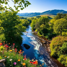 A breathtaking view of a serene river flowing through a lush, vibrant landscape