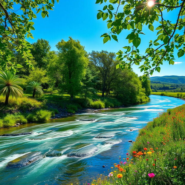 A breathtaking view of a serene river flowing through a lush, vibrant landscape