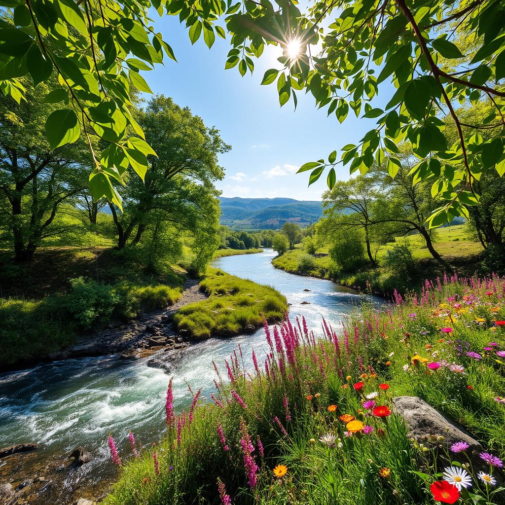 A breathtaking view of a serene river flowing through a lush, vibrant landscape