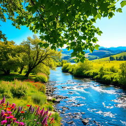 A breathtaking view of a serene river flowing through a lush, vibrant landscape