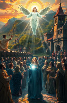 A vivid and imaginative depiction of a 14th-century Renaissance scene where a divine Deity is seen bestowing blessings upon humanity, transforming despair into hope