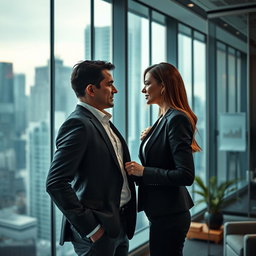 A tense yet alluring scene between a male CEO and a female CEO, both in sophisticated business attire, standing in an office filled with modern decor