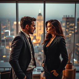 A tense yet alluring scene between a male CEO and a female CEO, both in sophisticated business attire, standing in an office filled with modern decor
