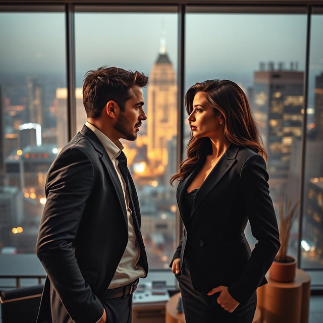 A tense yet alluring scene between a male CEO and a female CEO, both in sophisticated business attire, standing in an office filled with modern decor