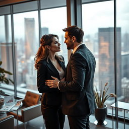 A tense yet alluring scene between a male CEO and a female CEO, both in sophisticated business attire, standing in an office filled with modern decor