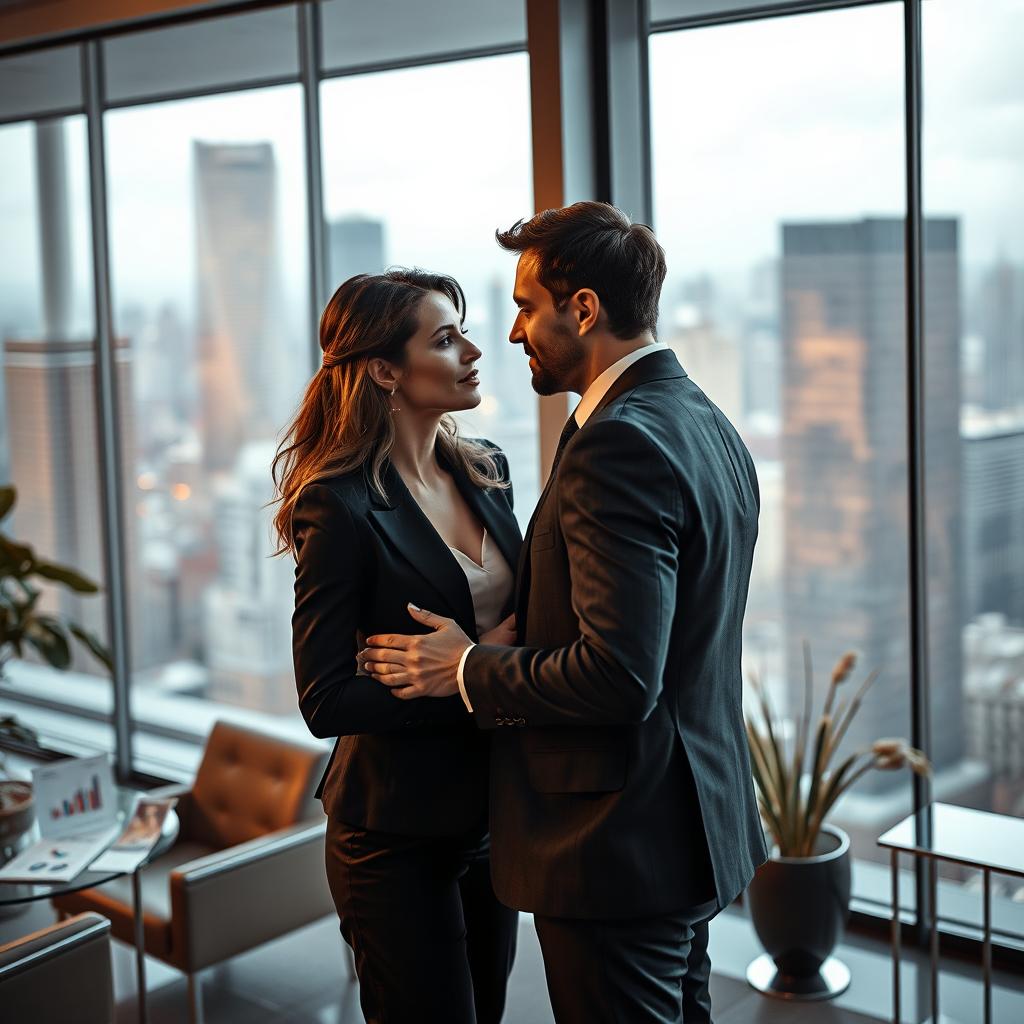 A tense yet alluring scene between a male CEO and a female CEO, both in sophisticated business attire, standing in an office filled with modern decor