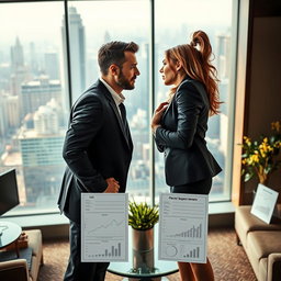 A tense yet alluring scene between a male CEO and a female CEO, both in sophisticated business attire, standing in an office filled with modern decor
