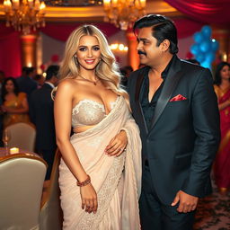 A busty blonde woman flaunting her charm in a breathtaking lacy saree accompanied by a stylish bikini blouse that highlights her generous cleavage and deep navel